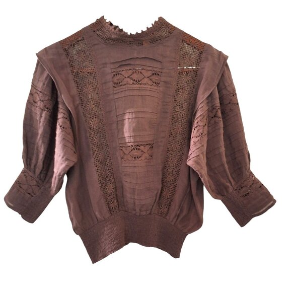 Free People One Sydney Blouse Semi-Sheer Crochet Accents Smocked Waist Sz S Moch - Picture 3 of 10